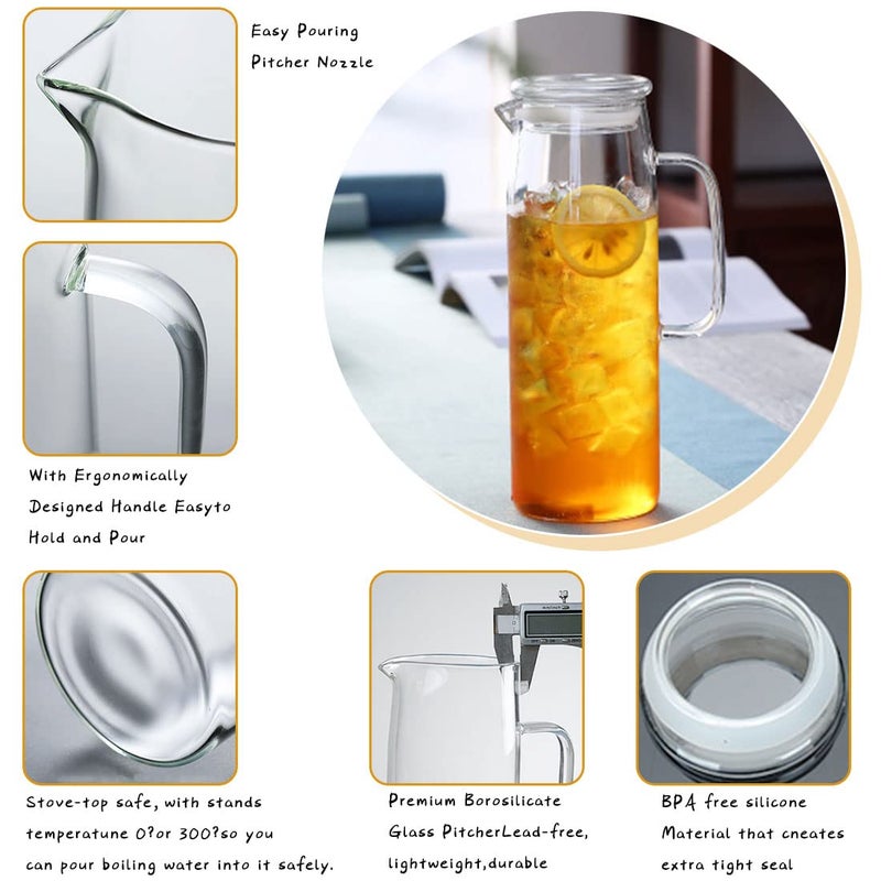 hjn Glass Pitcher with Lid Glass Water Carafe with Handle, Fridge Water Jug Cold or Hot Beverages, Iced Tea, Milk, Juice 1500ml/51oz & glass lid - Image 3